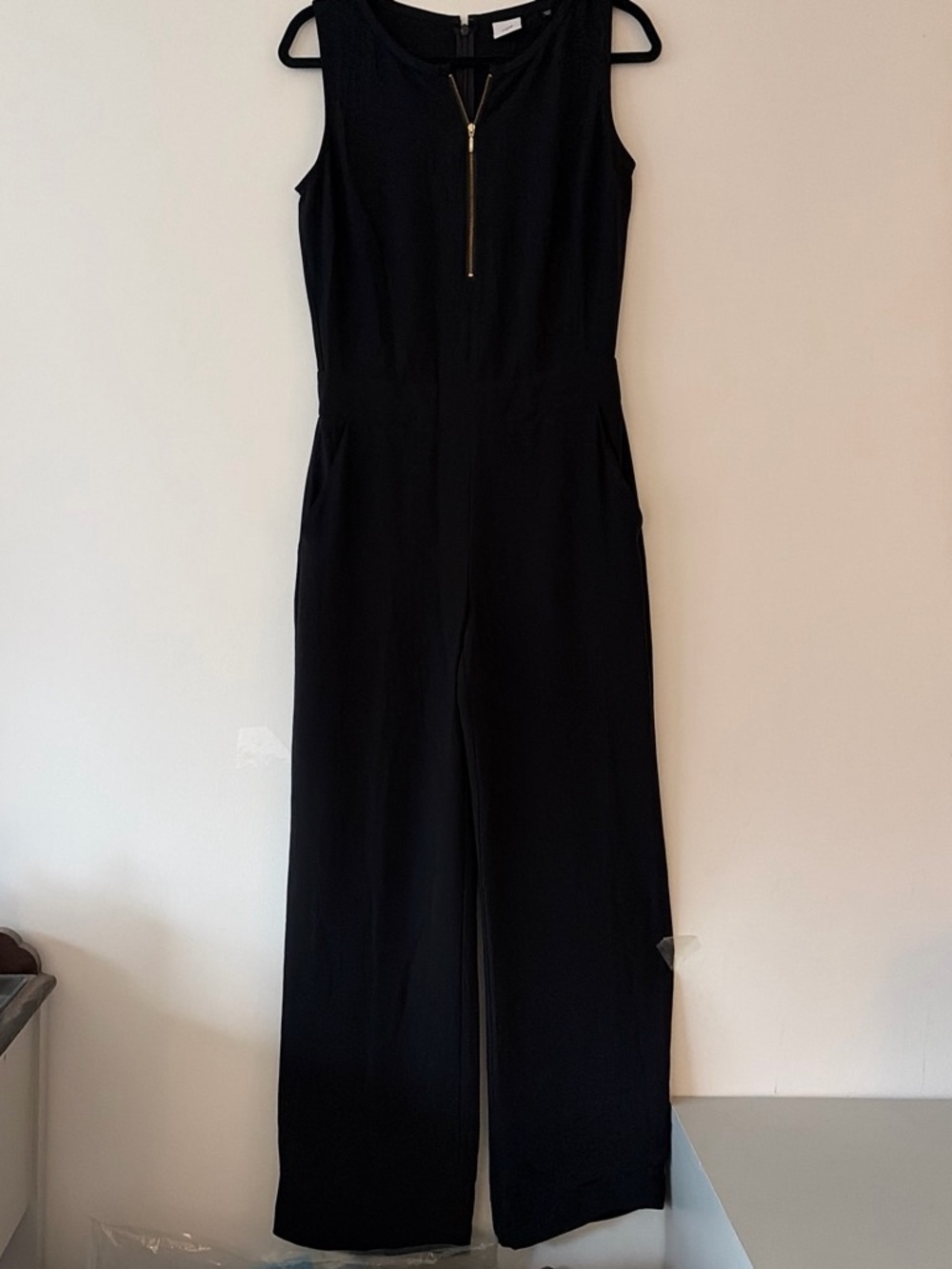 CAbi Black Sleeveless Wide-Leg Jumpsuit with Gold Zip